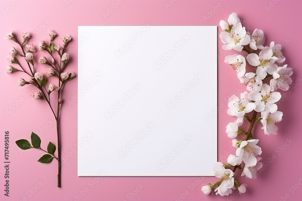 Photo of blank white paper with flower on pink background, copy space, high quality, high resolution, 8k with generative ai Photo of blank white paper with flower on pink background, copy space, high quality, high resolution, 8k with generative ai