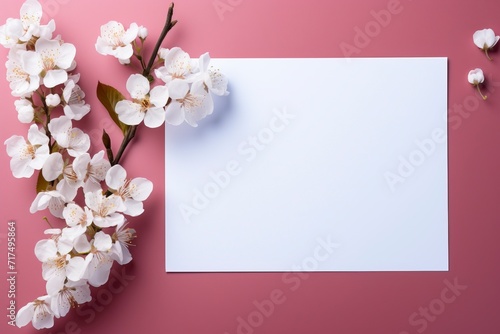 Photo of blank white paper with flower on pink background, copy space, high quality, high resolution, 8k with generative ai © MUdaylah