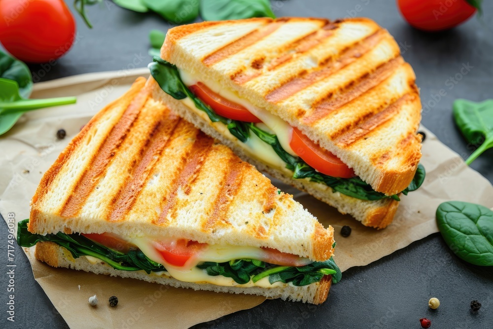 Grilled cheese sandwich with spinach and tomato on a concrete surface Grilled cheese sandwich with spinach and tomato on a concrete surface