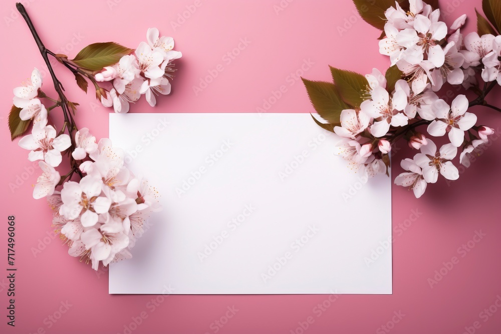 Photo of blank white paper with flower on pink background, copy space, high quality, high resolution, 8k with generative ai Photo of blank white paper with flower on pink background, copy space, high quality, high resolution, 8k with generative ai