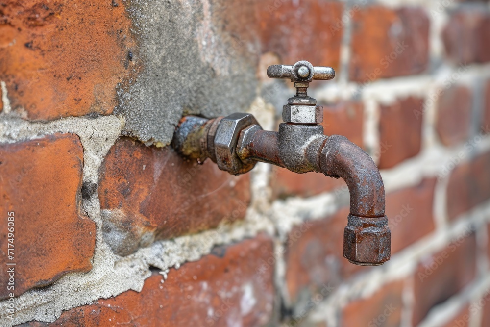 Garden tap with hose attachment on a brick wall