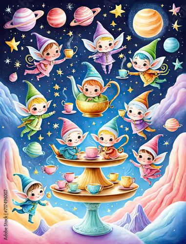 Adorable children's space adventure - Inquisitive elves in a magical tea party Gen AI photo