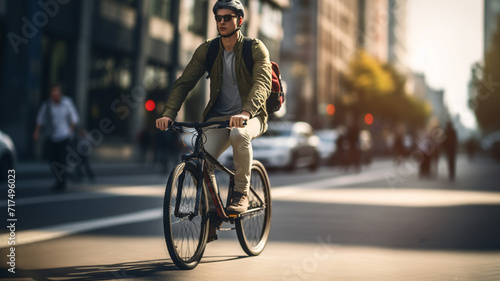 young man riding a bicycle on a road in a city photo