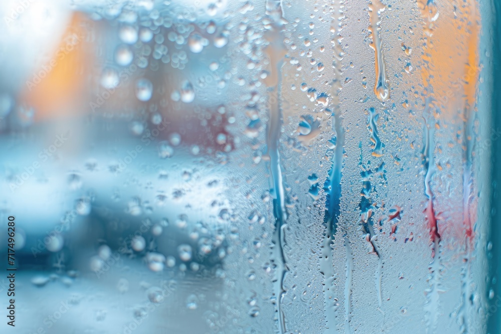 Blurry bokeh effect on PVC plastic windows frozen with ice and water for heating a home Blurry bokeh effect on PVC plastic windows frozen with ice and water for heating a home