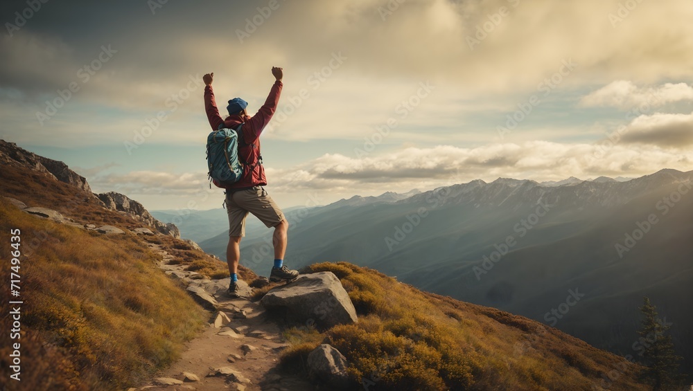 man with arms up jumping on the top of the mountain