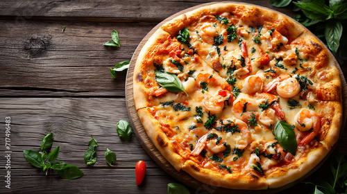 seafood pizza on a wooden board