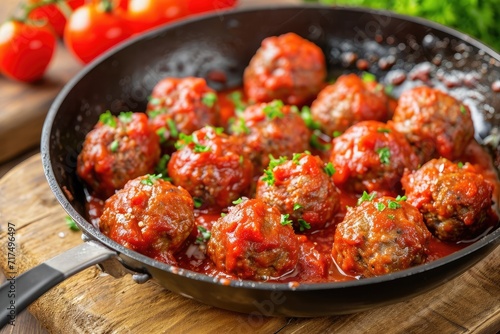Meatballs in sauce fried in pan