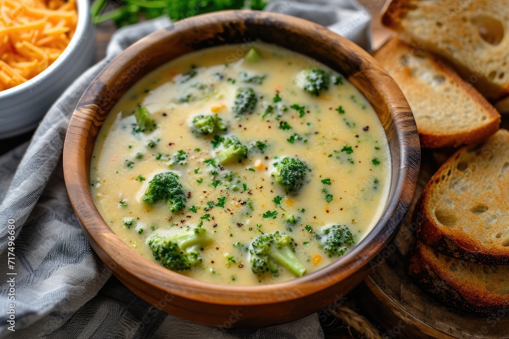 Top view of creamy broccoli cheddar cheese soup in a wooden bowl with toasted bread