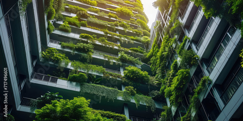 Sustainble green building. Eco-friendly building in modern city. Sustainable glass office building with tree for reducing carbon dioxide. Office with green environment. Corporate building reduce CO2