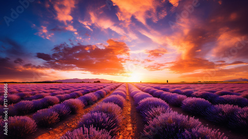 Lavender fields with blue sky at sunrise
