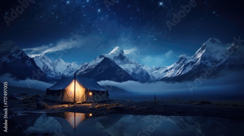 Camping outdoors by the lake in front of snowy mountains