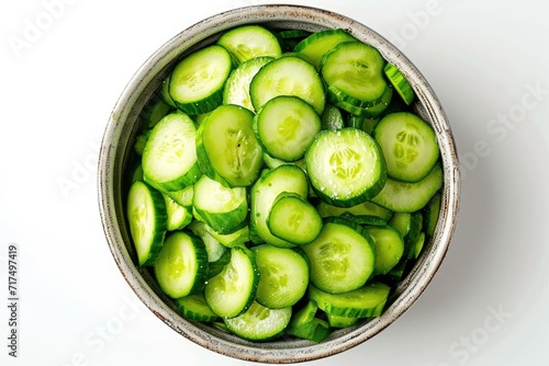 Top view of isolated bowl with chopped pickled cucumber on white