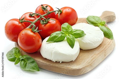 Tomato and basil atop mozzarella on a white surface