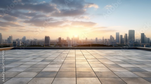 Empty floor tiles foreground and distant city sunset scenery