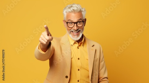 hooray elder grey hairdo man indicate empty space wear spectacles shirt isolated on beige color background, joyful, cheerful, adult, achievement, retirement, happy