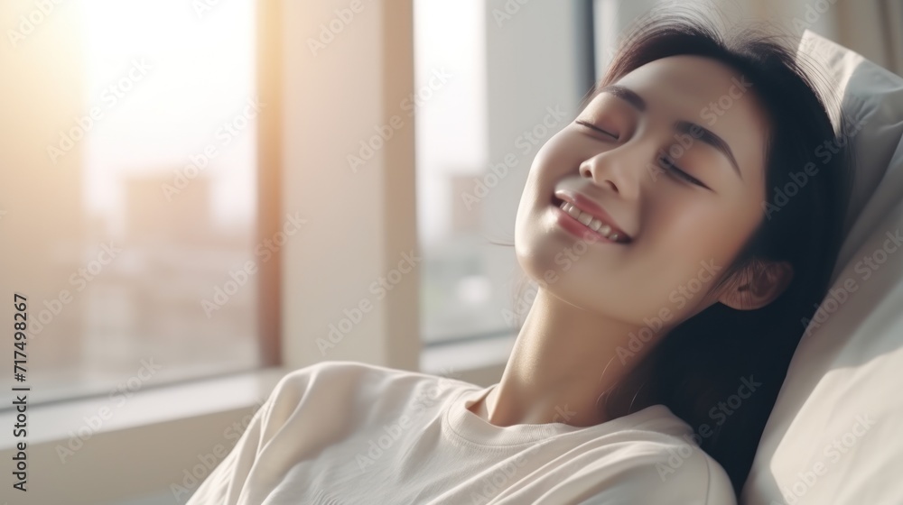 Simple lifestyle, Asian woman wakes up from good sleep on weekend morning, takes some rest, relax in comfortable bedroom at hotel window, happy lazy day, comfortable, dreaming Simple lifestyle, Asian woman wakes up from good sleep on weekend morning, takes some rest, relax in comfortable bedroom at hotel window, happy lazy day, comfortable, dreaming