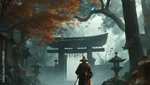 video illustration of a samurai walking to the temple gate photo