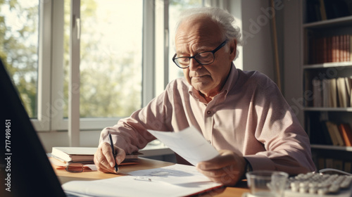 An elderly man deeply focused on paperwork at his desk, surrounded by books and a warm, natural light.