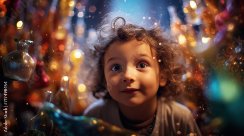 A young child with wide eyes marvels at sparkling lights surrounding vintage bottles.