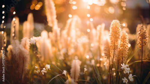 Wild grasses illuminated by the golden hour sunlight  creating a soft and warm bokeh effect.