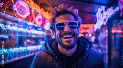Cheerful man with sunglasses experiencing the lively and colorful night market lights.