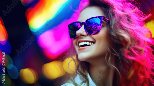 Exuberant woman with colorful sunglasses enjoying the vibrant nightlife atmosphere.