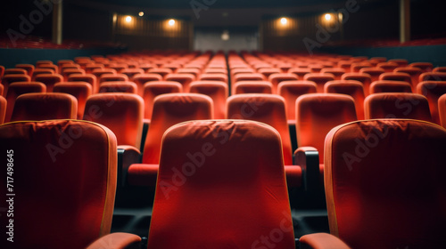 Rows of vacant red chairs in a cinema hall, evoking the quiet before the movie starts.
