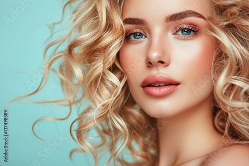 Beautiful blonde woman with curly hair flawless complexion and vibrant makeup Sensual model with a natural sexy appearance Photographed in a studio