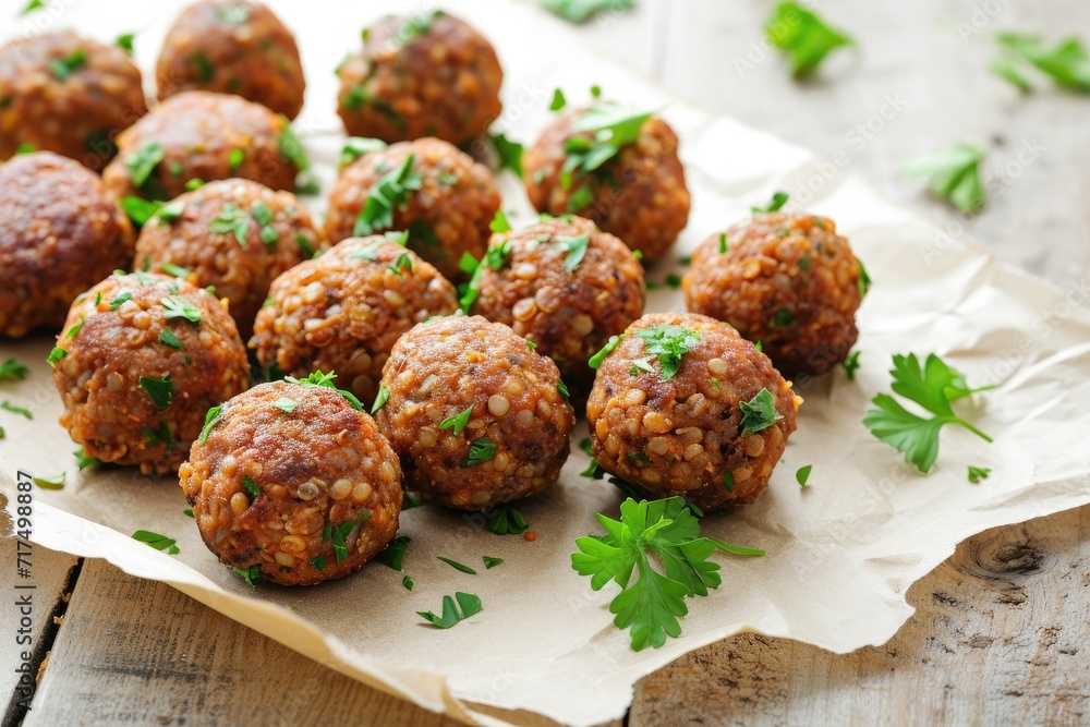 Vegan lentil meatballs on white wooden surface using baking paper Vegan lentil meatballs on white wooden surface using baking paper