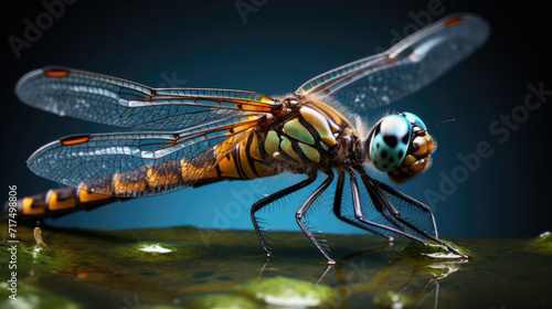 Extreme macro close-up side view photograph of a dragonfly on a pond surface © basketman23