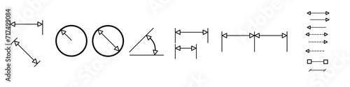 Dimensions Arrows. Height and width icons Linear, Aligned, Radius, Diameter, Angular, Baseline, Continue, Area and Perimeter Measure Concept. Vector Design Elements Set. Arrows Minimal. Arrow icon.