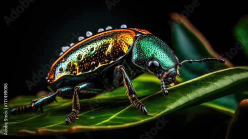 Extreme macro close-up side view photograph of a beetle on a leaf