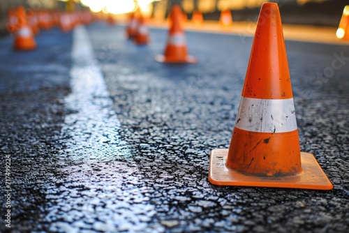 Newly painted road lines surrounded by cones