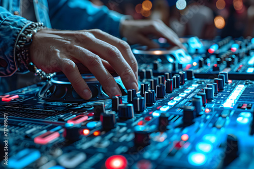 DJ's hands mixing music on a console with colorful lights at a nightclub.