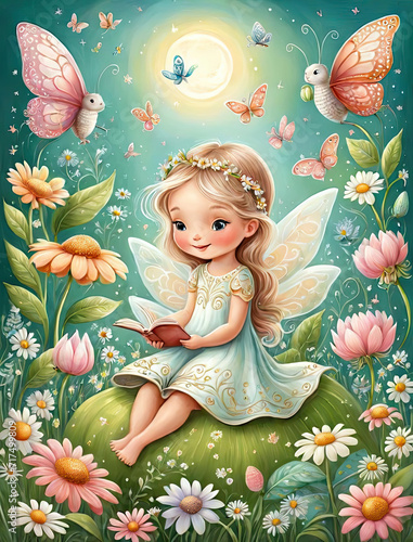 Adorable children's storybook illustration of whimsical creatures in a dreamy, magical garden with playful nursery items Gen AI photo