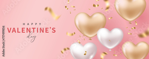 Valentine's day banner with heart-shaped balloons and confetti on pink background. Vector illustration for banner, poster, flyer, greeting card and advertisement.