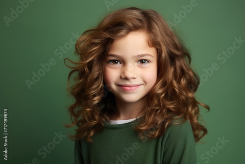 Portrait of a cute little girl with curly hair on a green background © Iigo