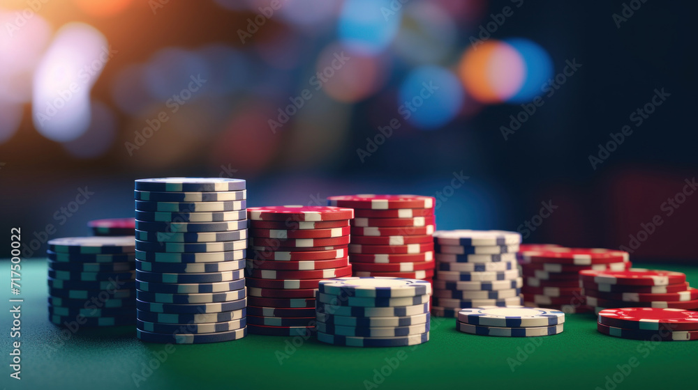 Stacks of multicolored casino chips on a green felt table with a blurred background suggesting a bustling casino atmosphere.
