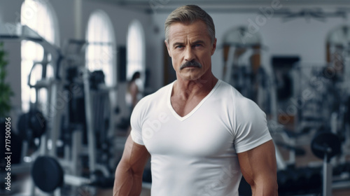 Mature, muscular man exhibiting confidence and determination in a well-equipped gym setting.