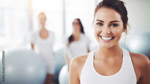 A smiling fitness instructor in a white tank top, standing confidently in a gym with exercise balls in the background.