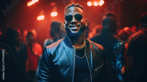 Fashionable young man with a beaming smile enjoying a night out at a lively party with friends.