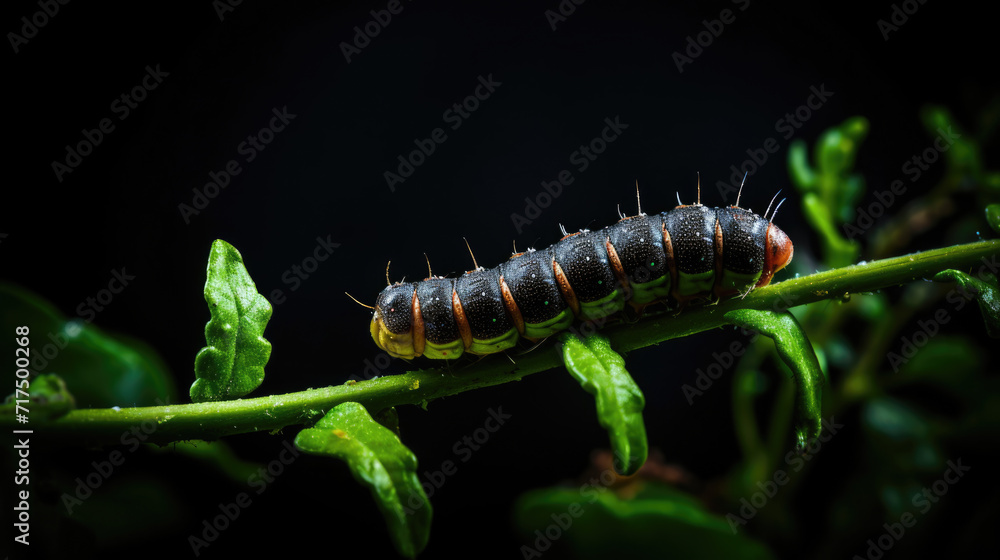 Extreme macro close-up side view photograph of a caterpillar on a plant stem