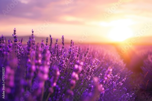 Ultra realistic photo of Lavender Field at summer sunrise.