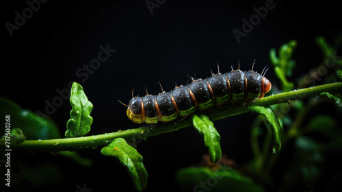 Extreme macro close-up side view photograph of a caterpillar on a plant stem © basketman23