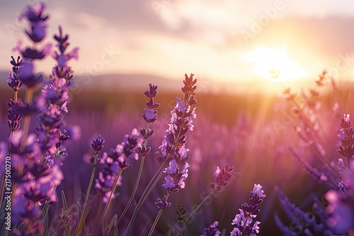 Ultra realistic photo of Lavender Field at summer sunrise. © akimtan