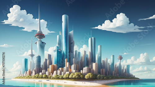 Futuristic cityscape with skyscrapers and business buildings. Reflects technological progress and outstanding city architecture