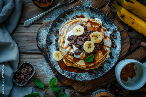Pancakes with caramelized bananas, natural yogurt, chocolate chips, view from above