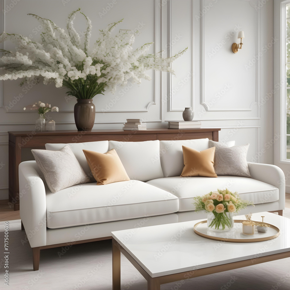 Modern luxury elegant living room with spring atmosphere with flowers and white sofa. interior decoration. Well-appointed interior design. template. Modern luxury elegant living room with spring atmosphere with flowers and white sofa. interior decoration. Well-appointed interior design. template.