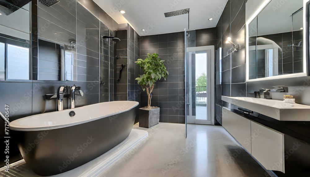 Bathroom interior design with matte black bath and modern shower. Generative AI.