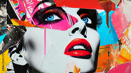 Modern Pop art collage. Beauty woman face. Red lips